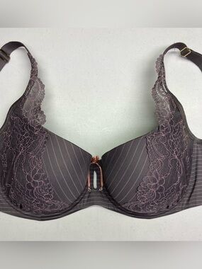 Ashley Graham Lace Trim Pinstripe Underwire Bra - Dusty Mauve